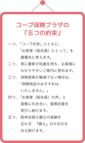 コープ保健プラザの『五つの約束』 一つ、「コープ共済」とともに、「お客様（組合員）にとって」を最優先に考えます。二つ、保険提案が最適でない場合は、「保険商品のおすすめは、いたしません。」三つ、「お客様（組合員）の声」と真摯に向き合い、業務改善を実行し続けます。四つ、知識向上のため研鑽に励み、質の高いサービスを目指します。五つ、阪神淡路大震災から30年、災害に対する『備え』の大切さを伝え続けます。