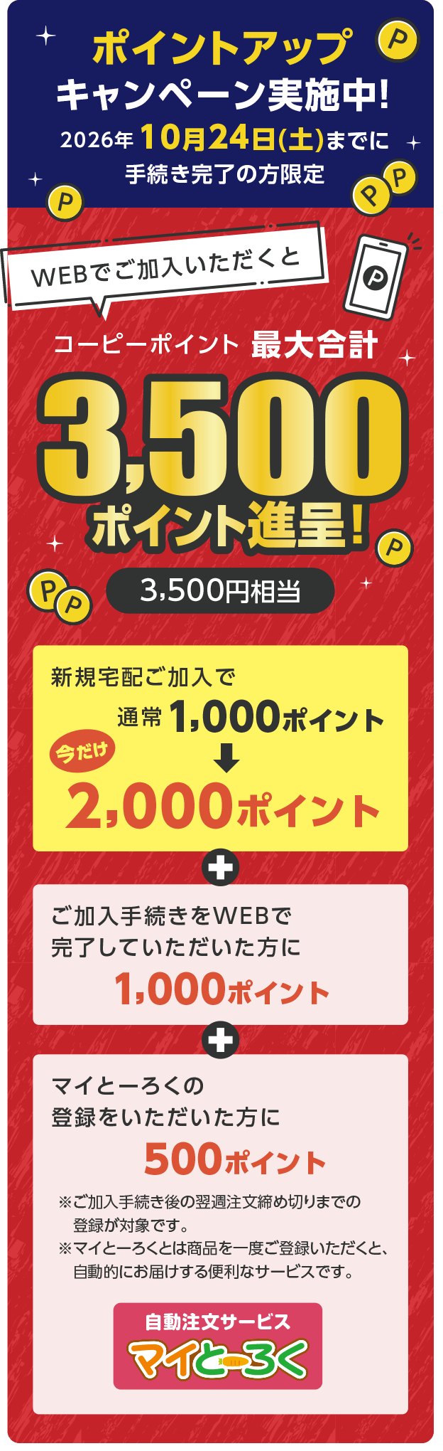 ポイントアップキャンペーン実施中！／2026年10月24日（土）までに手続き完了の方限定／WEBでご加入いただくと コーピーポイント最大合計 3,500ポイント進呈！（3,500円相当）／新規宅配ご加入で通常1,000ポイントが今だけ2,000ポイント＋ご加入手続きをWEBで完了していただいた方に1,000ポイント＋マイとーろくの登録をいただいた方に500ポイント